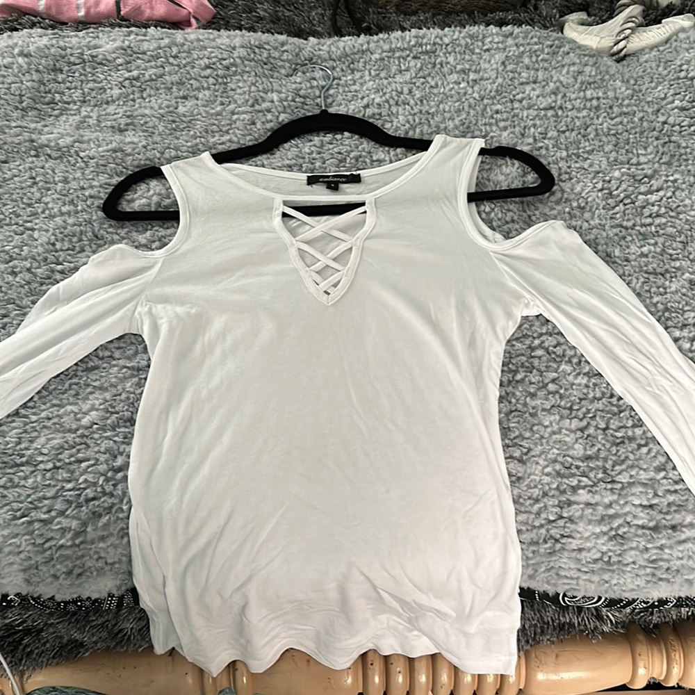 White Open Shoulder Long-Sleeve Top